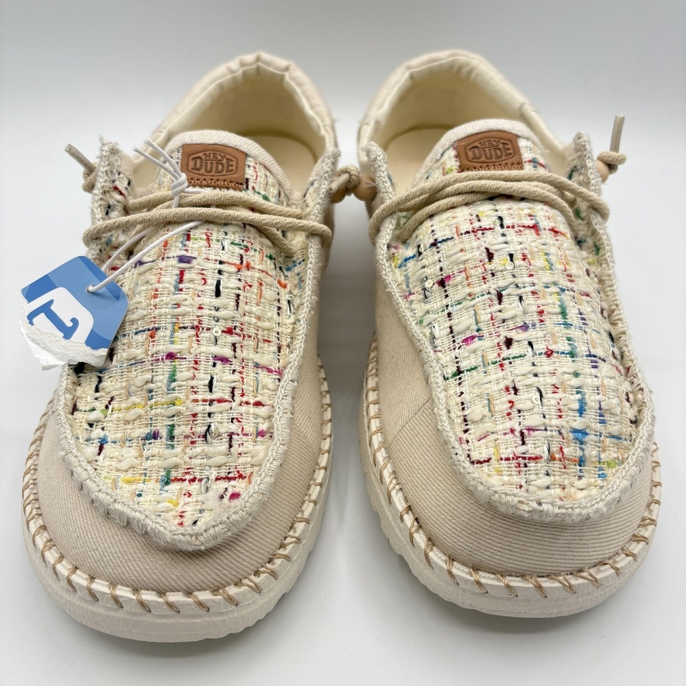 Hey Dude Shoes Womens Size 10 Beige Slip-On Wendy Funk Tweed Canvas Comfort NEW - Picture 2 of 10